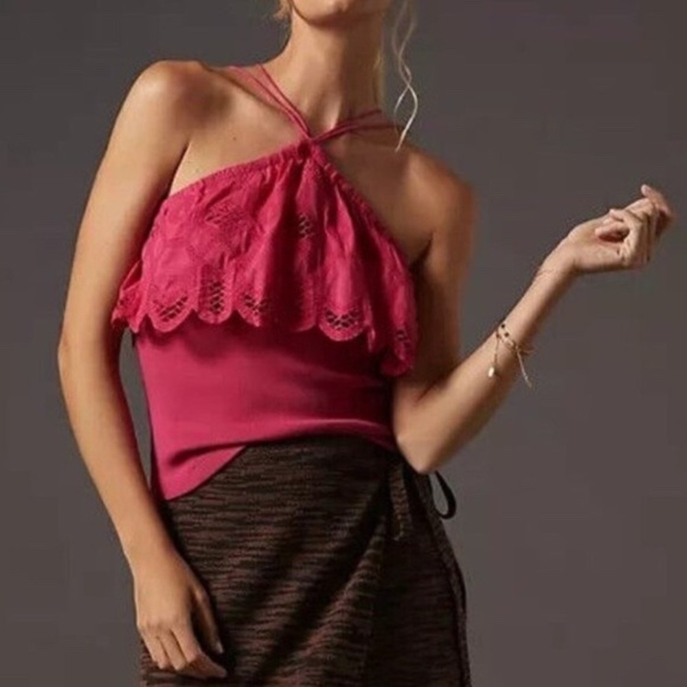 Anthropologie Eyelet Halter Top Magenta Pink Ribbed Knit Scalloped Lace‎ Large